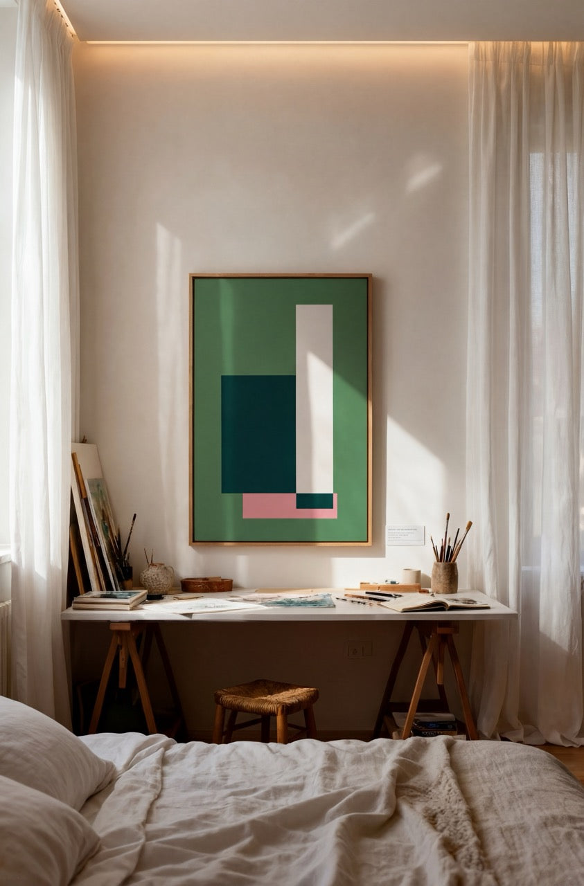 Abstract Wall Print displaying forms in shades of green and pink in a bedroom setting.